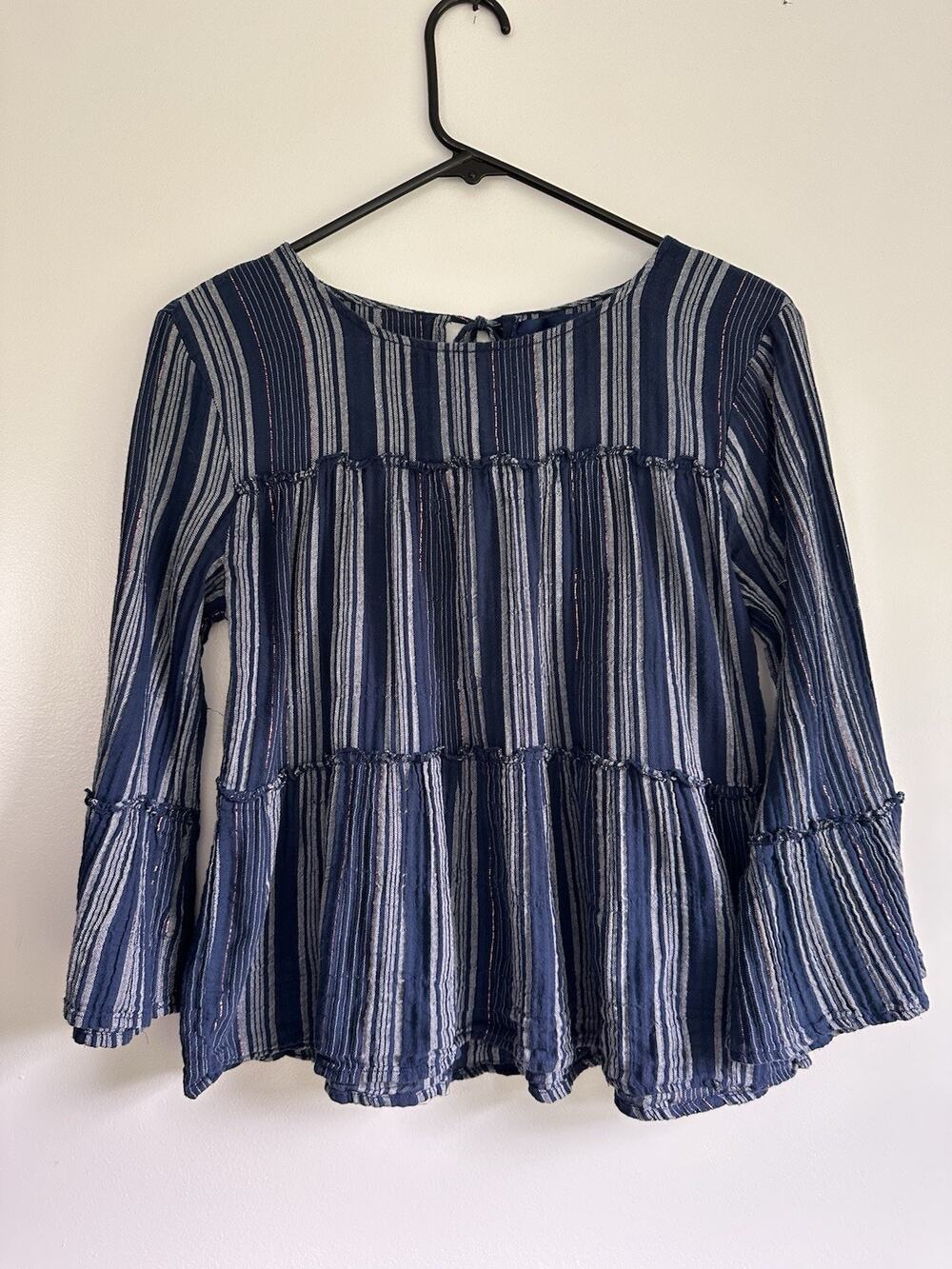 Blue Rain Size Small Peasant Style 3/4 Sleeves Metallic Thread Detail